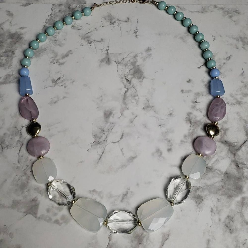 Clear, Purple, Blue and Silver Resin Statement Necklace